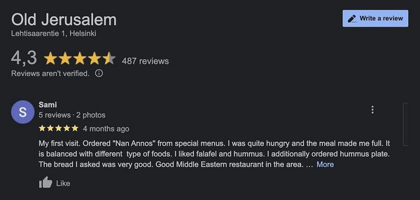 Beispiel für eine Google-Review eines Restaurants