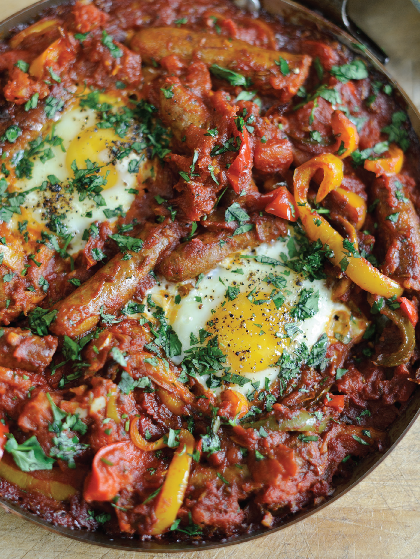 Chakchouka with Merguez Sausages &amp; Baked Eggs - The Happy Foodie