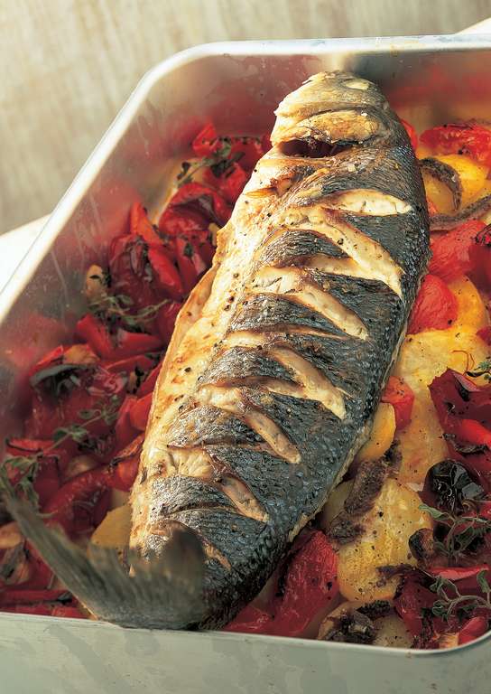 Baked Sea Bass with Roasted Red Peppers, Tomatoes, Anchovies and ...