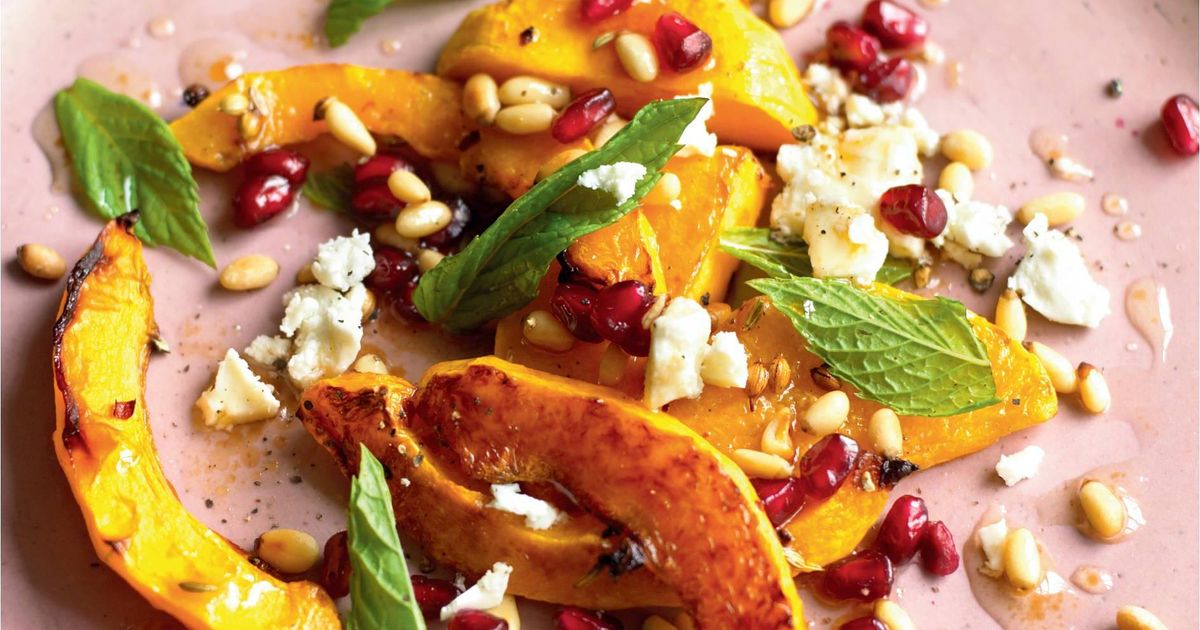 Butternut Squash Pomegranate Pine Nut Feta And Mint Salad The Happy Foodie