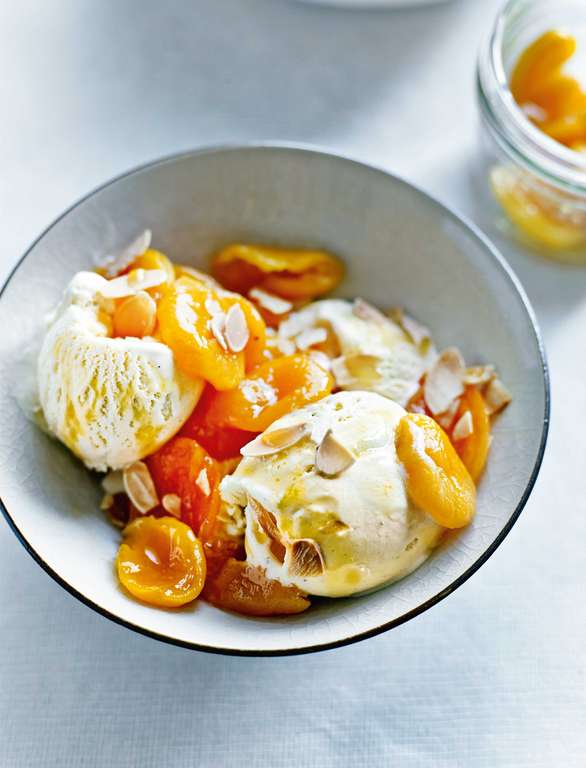 Amaretto-soaked Apricots with Toasted Almonds and Vanilla Ice Cream