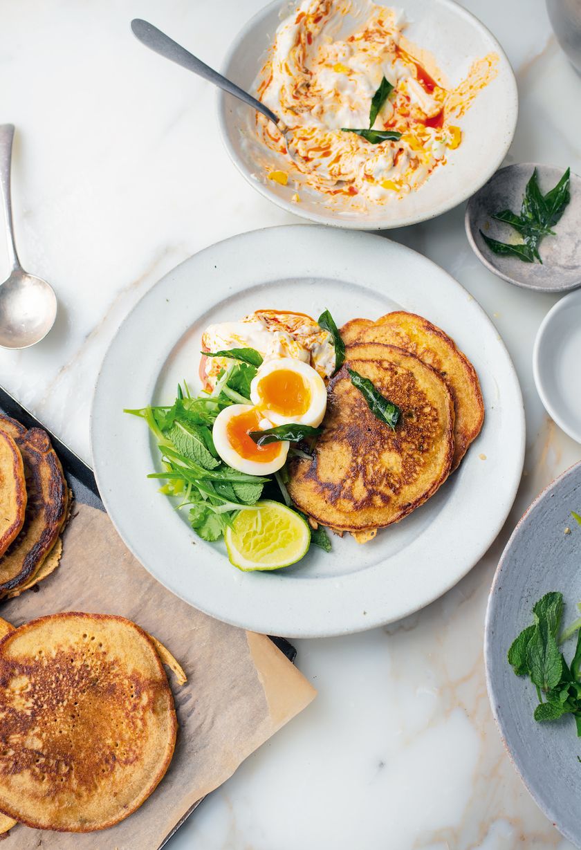 Chickpea Pancakes with Mango Pickle Yoghurt from Ottolenghi FLAVOUR
