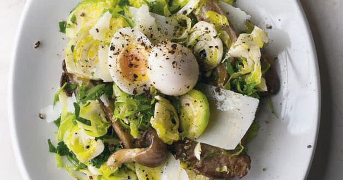 Raw Brussels Sprout Nests with Oyster Mushrooms and Quail's Eggs