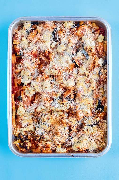One-tin Roasted Aubergine and Courgette Pasta Bake