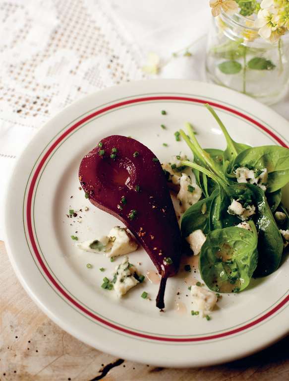 Pears Poached in Red Wine with Roquefort and Spinach Salad The Happy