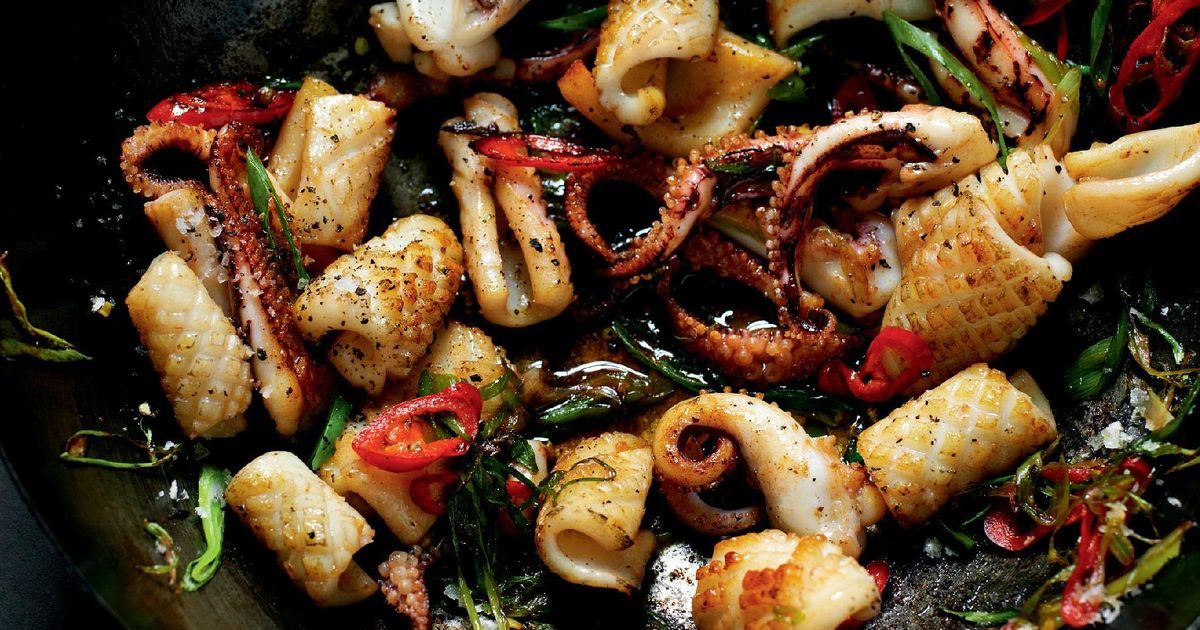 Stir-fried Salt and Pepper Squid with Red Chilli and Spring Onion - The
