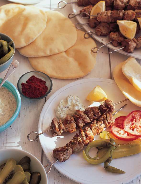 Lamb Souvlaki with Flatbreads, Tzatziki, Tomatoes and Pickles - The