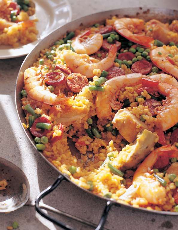 Chicken and Prawn Paella with Artichokes and Chorizo - The Happy Foodie
