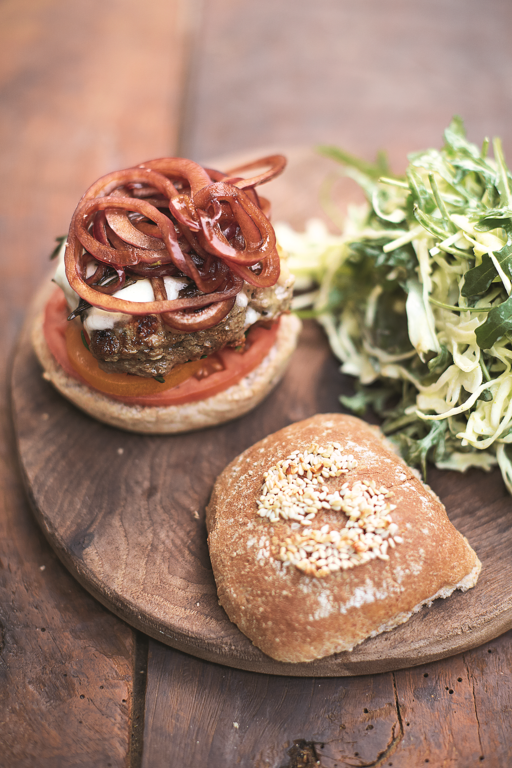 Italian Super Food Burgers Balsamic Onions Mozzarella Slaw The Happy Foodie