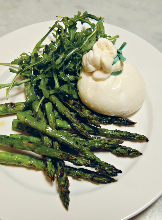 Burrata with Warm Roasted Asparagus and Wild Rocket (burrata Con