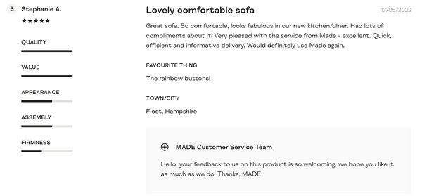 An example of a customer review for a webshop