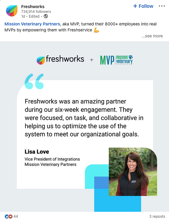 LinkedIn image post with a customer testimonial from Freshworks