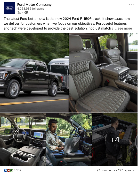 LinkedIn image post with product photography from Ford
