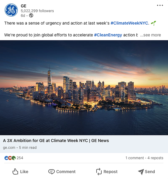 Link post example from General Electric (GE) from LinkedIn