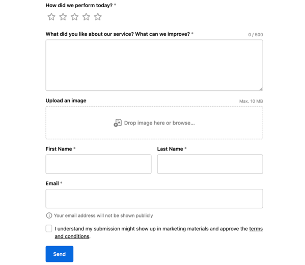 An upload form example for customer testimonials