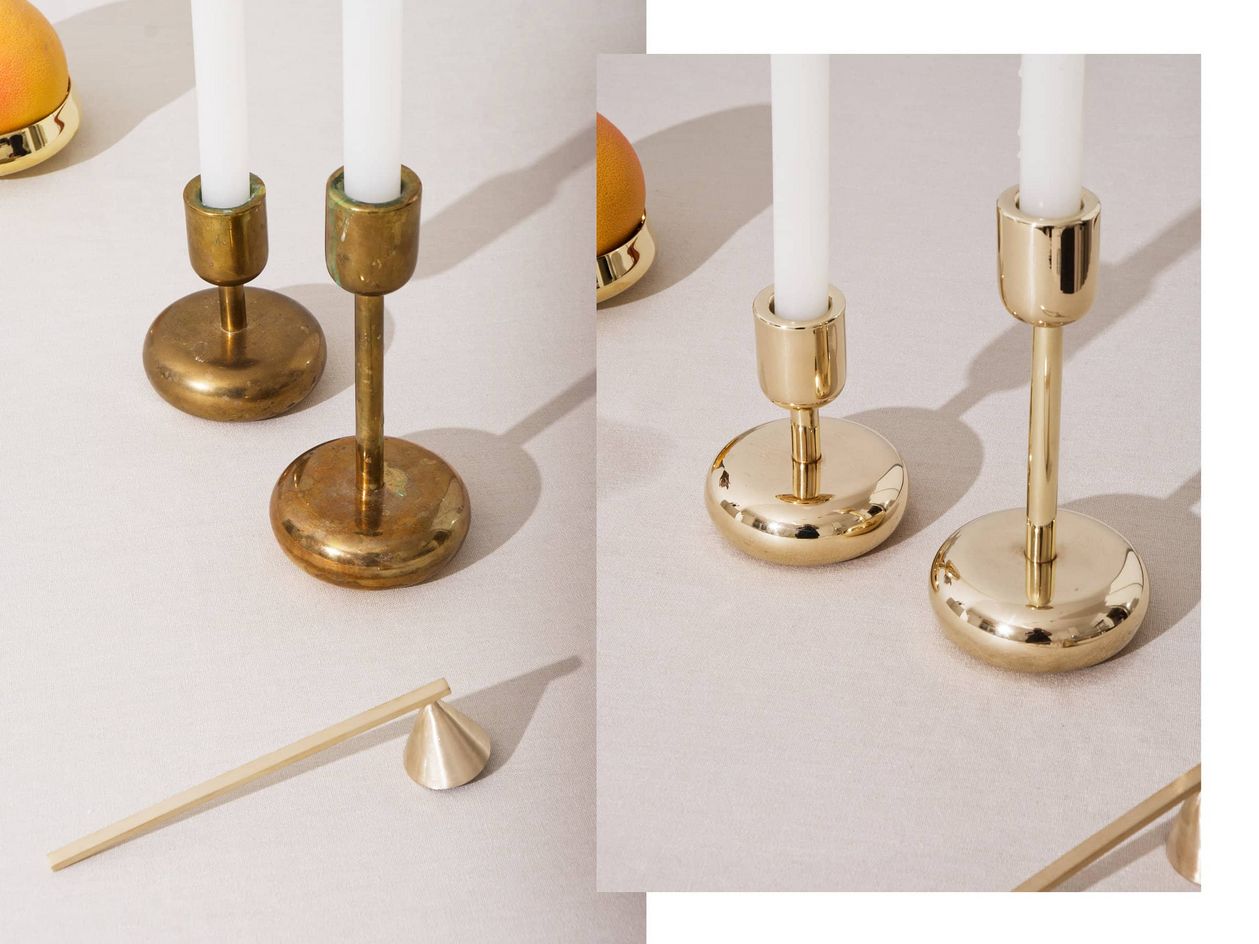 Iittala Nappula candleholders in brass, before and after polishing