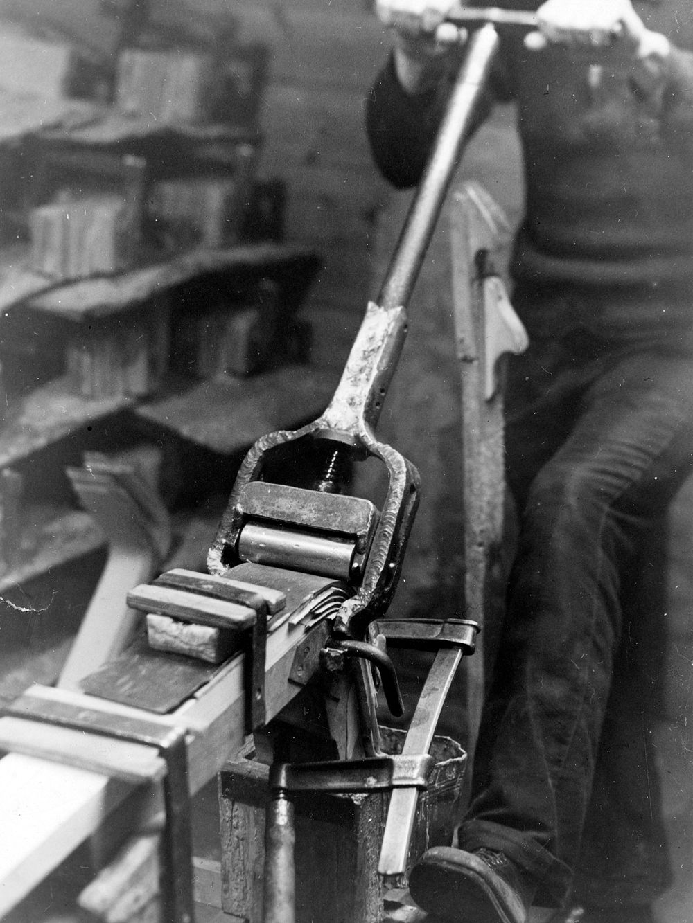 Black and white photo of the production of Stool 60