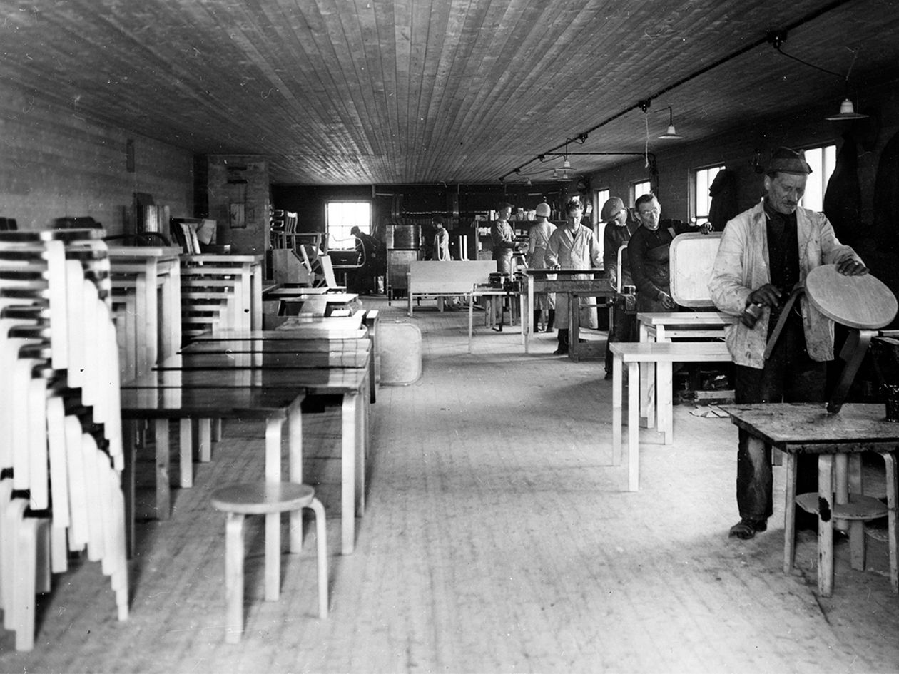 Black and white photo of making of Stool 60