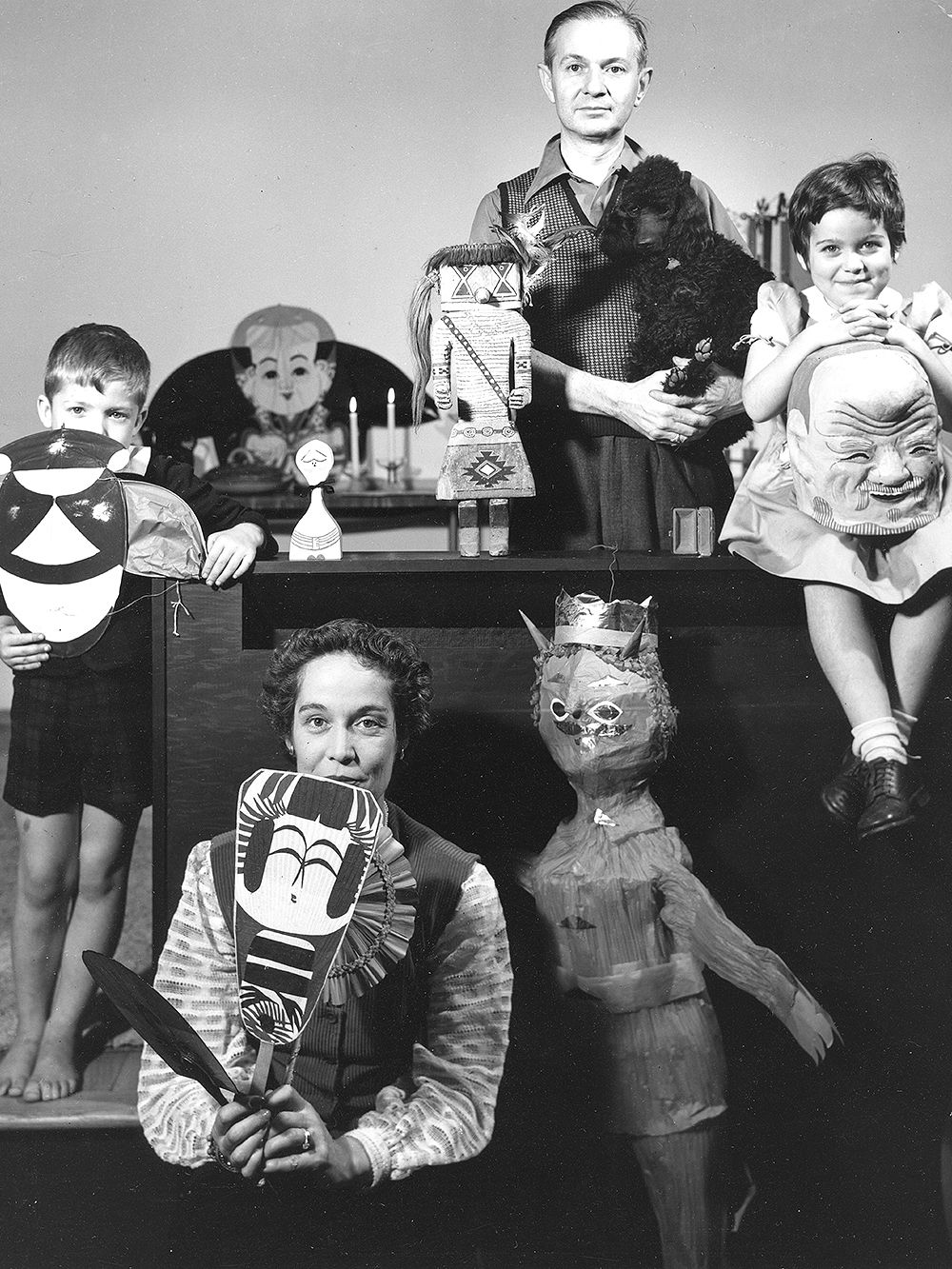 Alexander Girard and his family in a black and white portrait