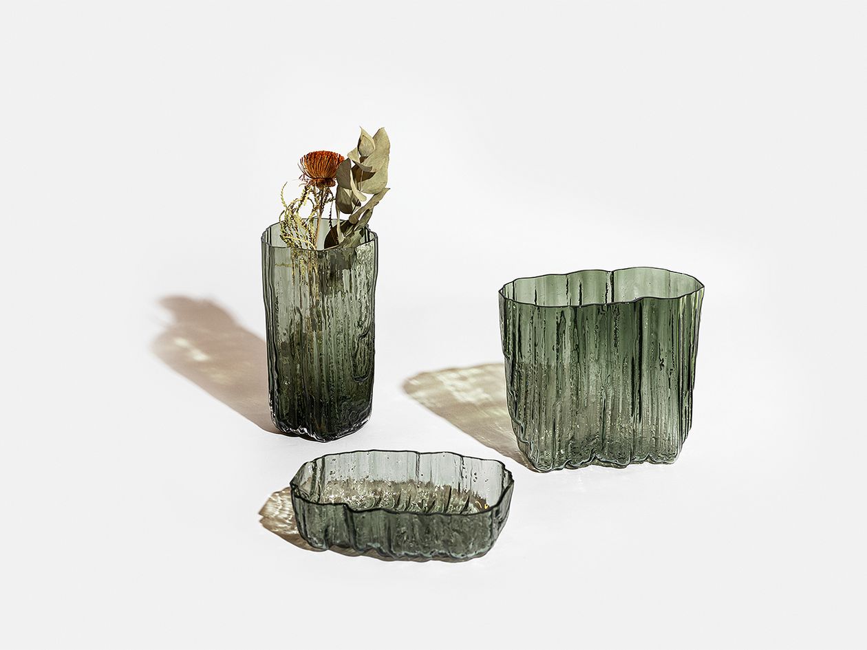 Melt bowl and two Melt vases in green