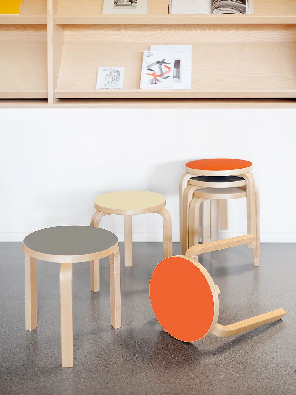 Artek  Aalto stool 60, orange linoleum - birch