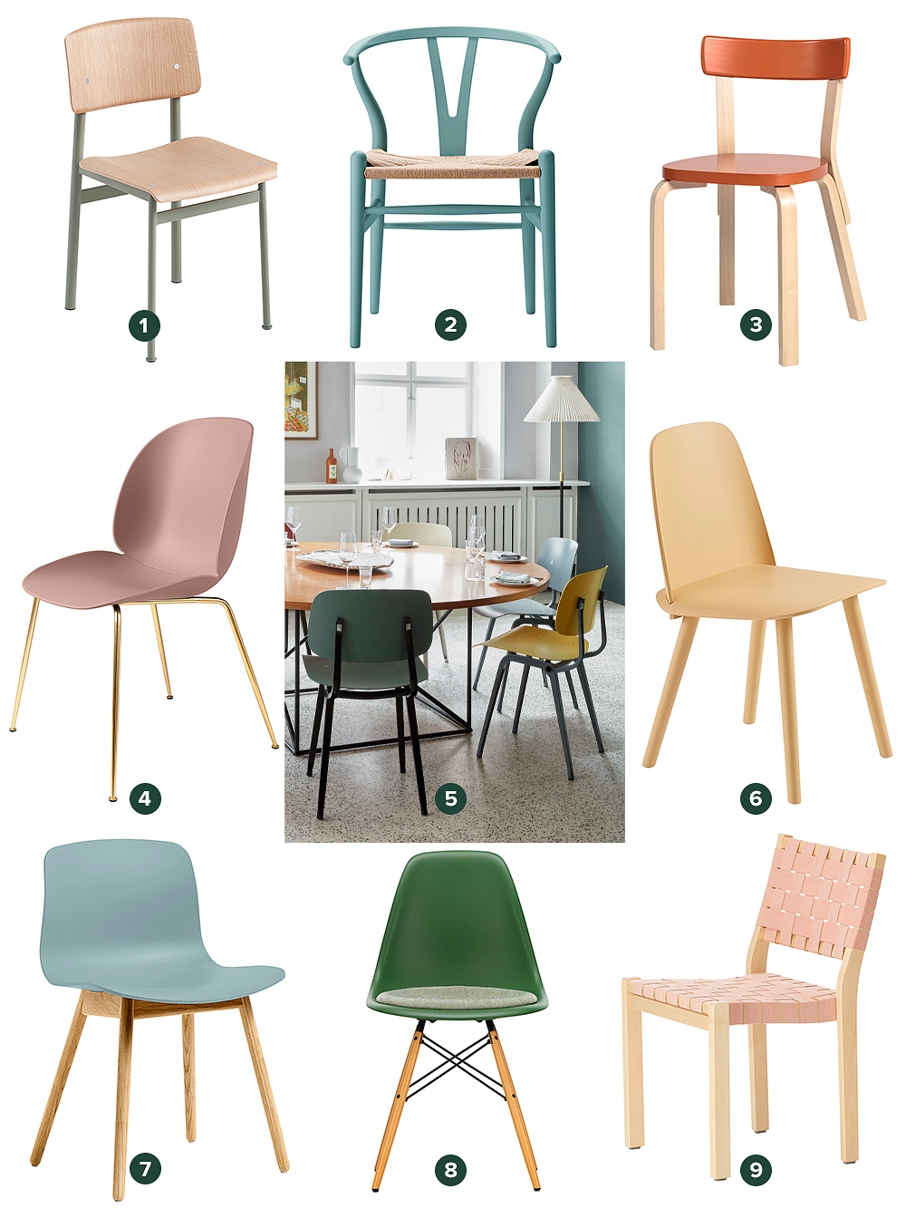 A collage with colorful dining chairs
