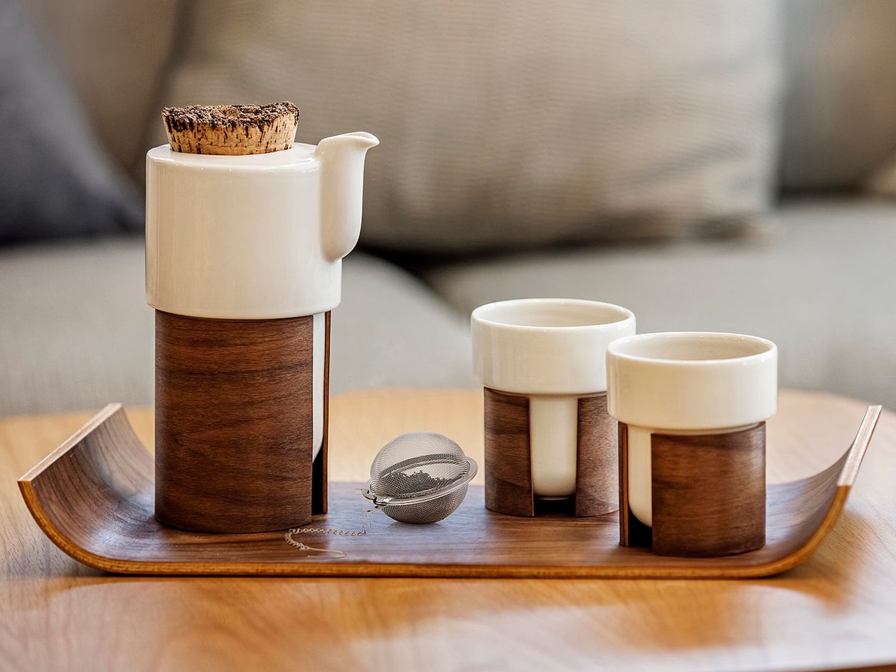 Tonfisk Design Warm tea set, white - walnut, cork lid