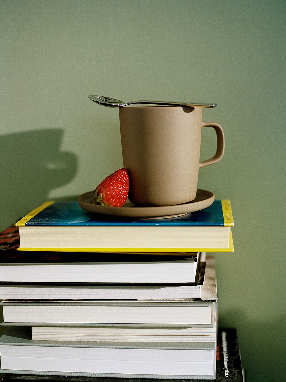 Marimekko's Oiva mug placed on a stack of books.