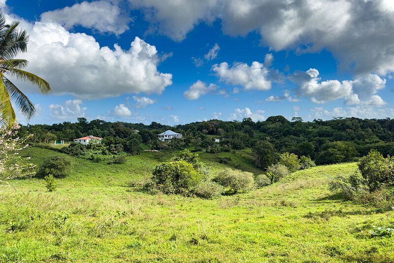 Paysage de campagne verdoyante avec collines, quelques maisons et un ciel bleu parsemé de nuages.