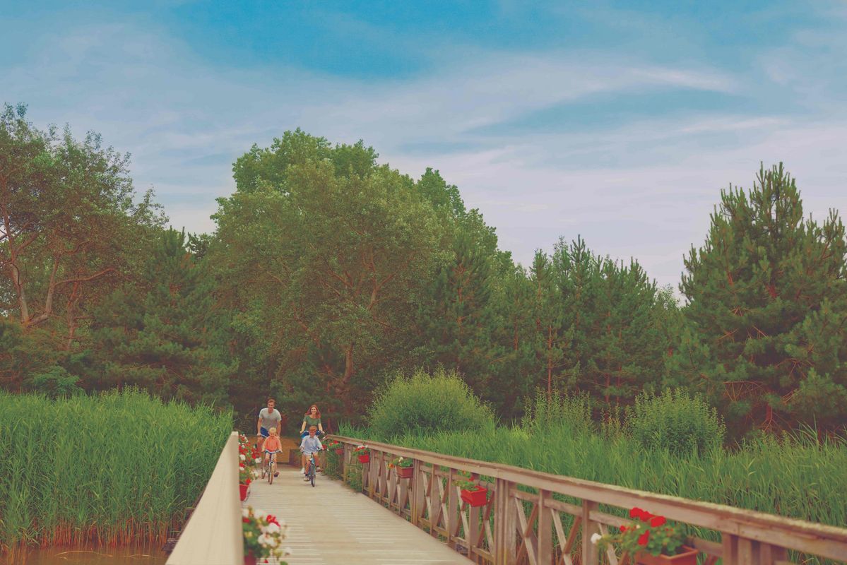 Famille en balade à vélo sur une passerelle en bois au cœur de la nature, activité douce et conviviale pendant les vacances Pierre & Vacances.
