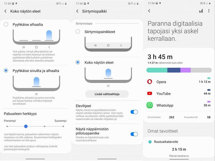 Pyyhkäisyeleitä voi myös muokata. Oikealla digitaalisen hyvinvoinnin perusnäkymä.