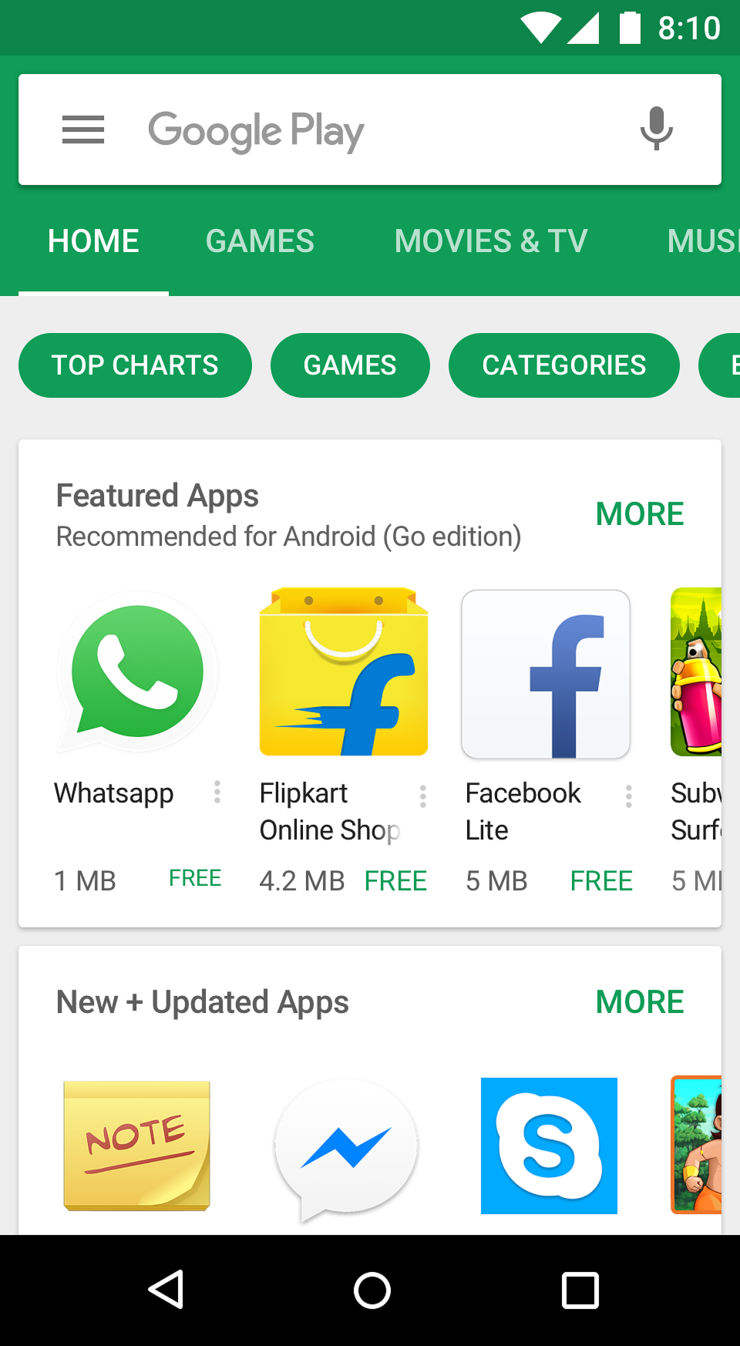 Google Play -kaupan Go-versio suosittelee sille optimoituja, edullisempien laitteiden pienemmät resurssit huomioiden suunniteltuja sovelluksia.