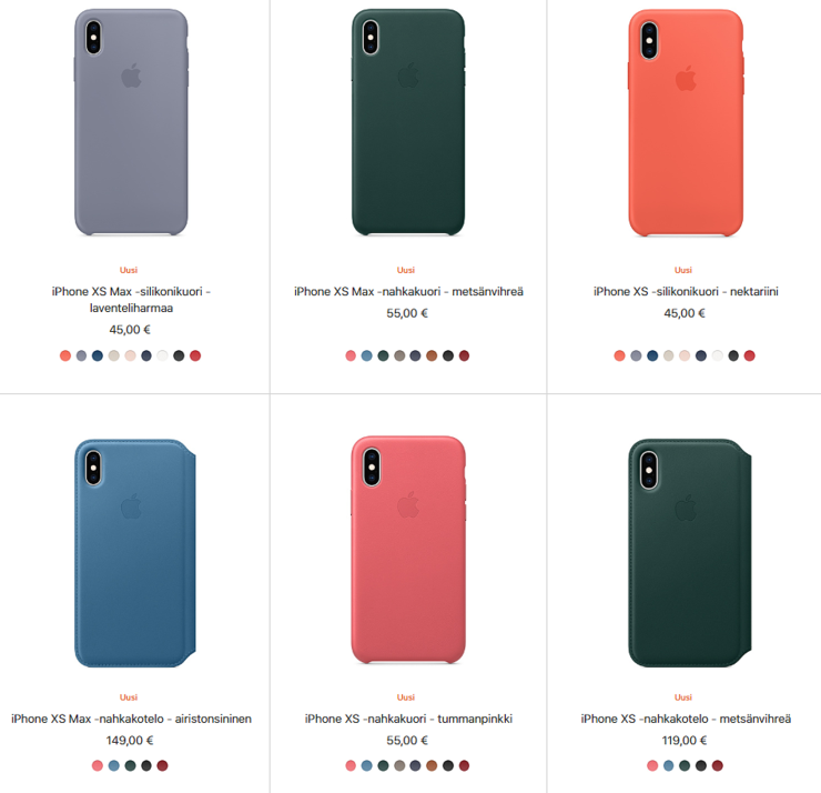 iPhone XS:n ja XS Maxin kuori- ja kotelovaihtoehtoja.