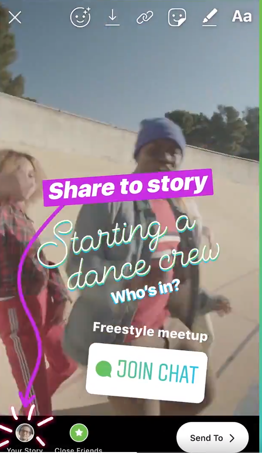 Instagramin Chat-tarra tarinapäivityksessä.