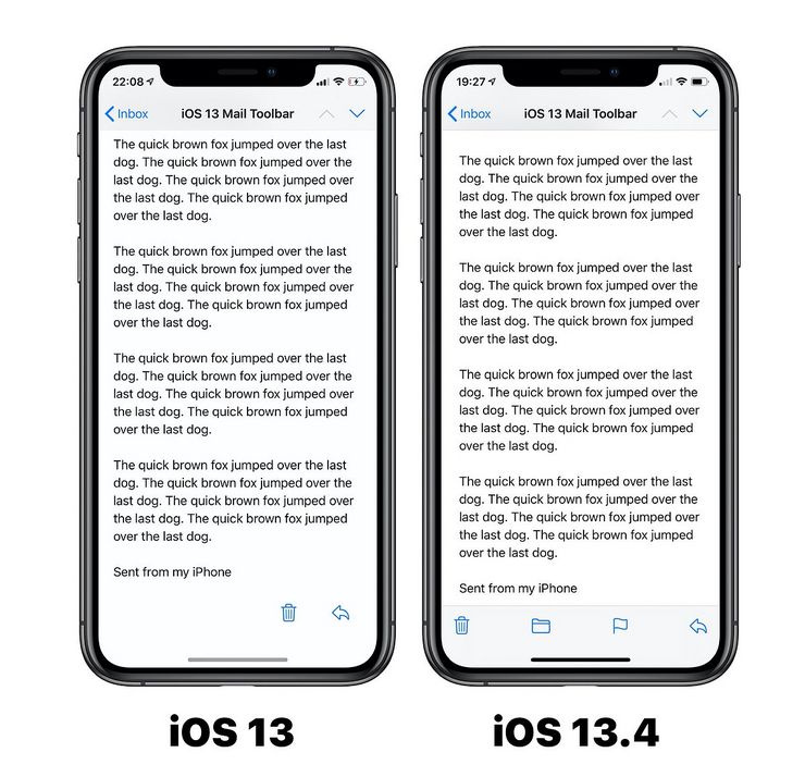 iOS 13.4 palauttaa Mail-sovelluksen alapalkin aiempaan ratkaisuun. Kuva: Benjamin Mayo.