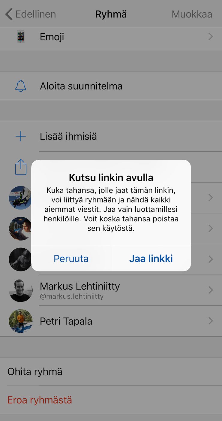 Facebook Messengerissä ryhmän tiedoissa voi nyt luoda jaettavan linkin.