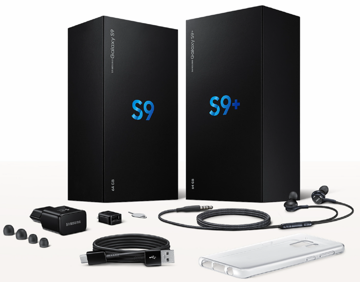 Samsung Galaxy S9 -puhelinten myyntipaketin sisältö. Läpinäkyvä suojakuori ei sisälly suomalaiseen myyntipakkaukseen.