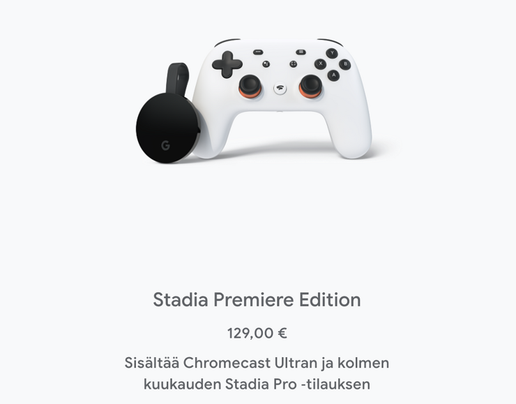 Google Stadian nyt ennakkotilattavissa oleva Premiere Edition -paketti.