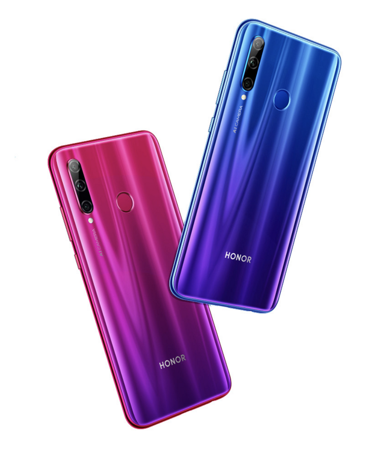 Honor 20 Lite Phantom Blue ja Phantom Red -väreissä.