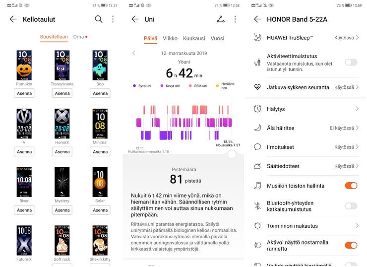 Honor Band 5:n kellotauluksi on kymmeniä eri vaihtoehtoja, joiden asentaminen käy helposti. Aktiiviisuusranneke soveltuu hyvin aktiivisuuden ohella myös unen seurantaan. Asetukset eri toiminnoille ovat varsin laajat.
