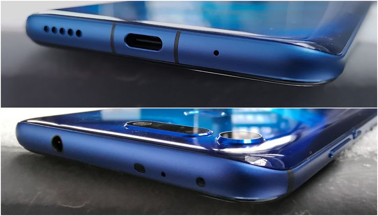 Honor View20:ssä on USB-C-liitännän ohella myös erillinen 3,5 millimetrin kuulokeliitäntä, jonka lisäksi yläpäästä löytyvät myös infrapunalähetin sekä valoisuuden tunnistin.