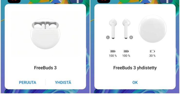 FreeBuds 3 -kuulokkeiden ponnahdusikkuna Android / EMUI 10:llä päivitetyssä Huawei P30 Prossa.
