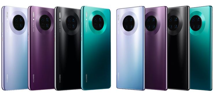 Vasemmalla Huawei Mate30, oikealla Huawei Mate30 Pro. Neljä eri värivaihtoehtoa.