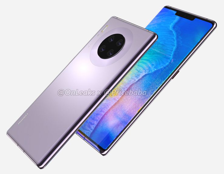 Huawei Mate 30 Pron designia hallitsee sen vesiputousnäyttö, leveä lovi näytön yläreunassa sekä pyöreä takakamera-alue. Kyljellä ei nähdä äänenvoimakkuuspainikkeita. Kuva: OnLeaks / Pricebaba.