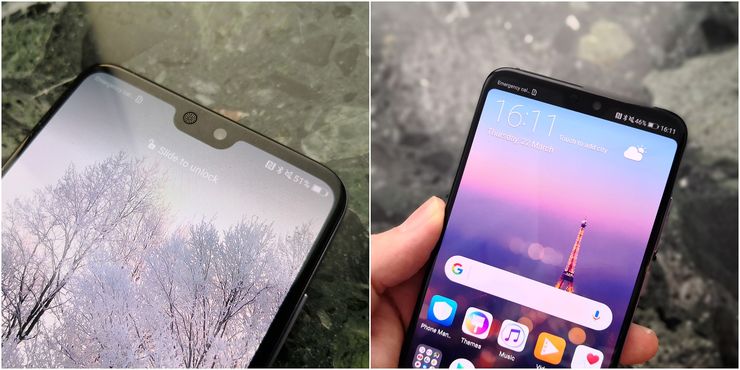 Huawei P20 Prossa asetuksista voi valita, haluaako näytön loven piilottaa yläreunan mustalla tilapalkilla.