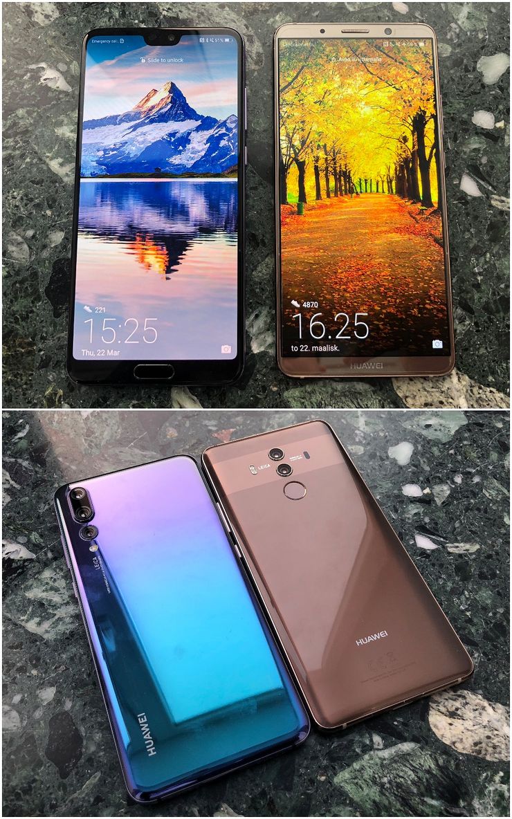 P20 Pro vs. Mate 10 Pro. P20-puhelimet tuovat näyttöloven, sormenjälkilukija onkin etupuolella ja takana kamerat järjestelty eri tavalla.