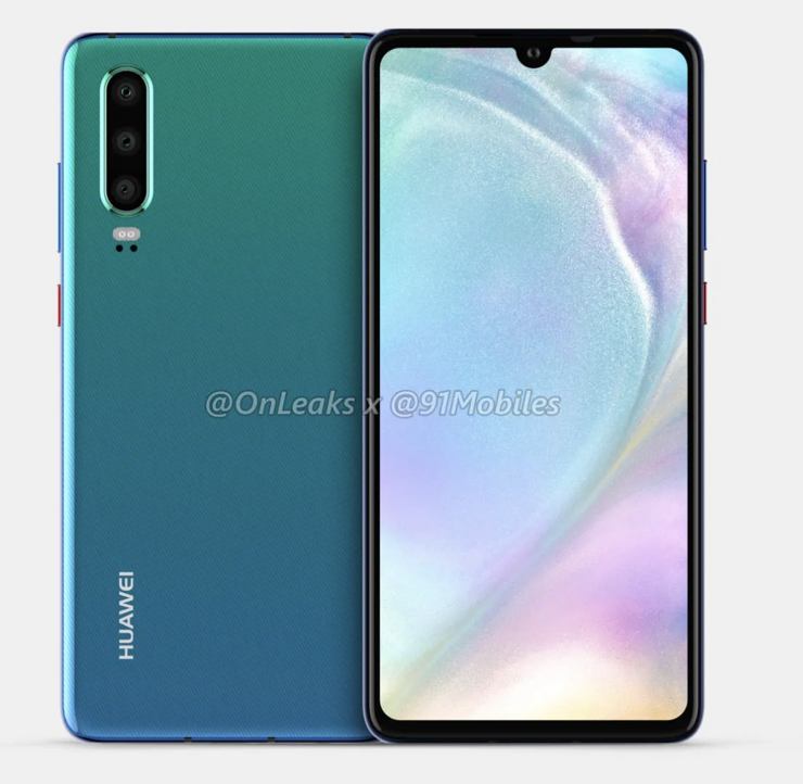 Huawei P30 -mallinnos. OnLeaksin yhdessä 91Mobiles-sivuston kanssa julkaisema kuva.