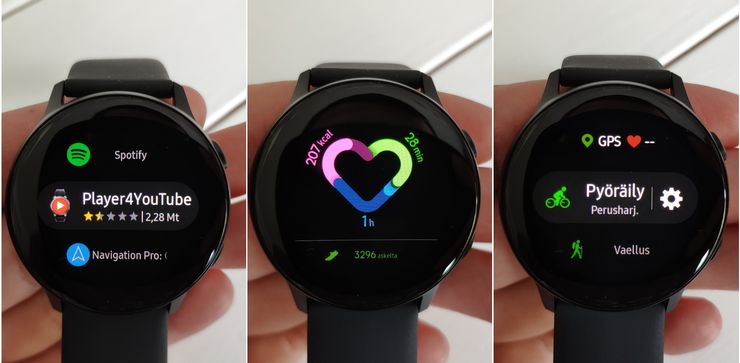 Galaxy Store -sovelluskauppa ja Samsung Health -treeninäkymä Watch Activella.