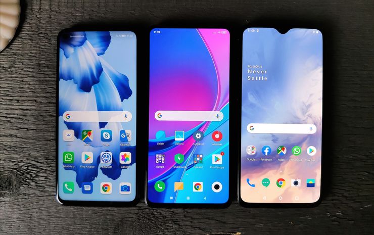 Honor 20:ssä on LCD-näyttö, Xiaomi Mi 9T:ssä ja OnePlus 7:ssä puolestaan AMOLED-paneelit.