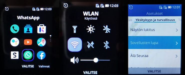 Tältä KaiOS näyttää. Vasemmalla päävalikko, keskellä pikavalikko ja oikealla asetusikkuna.